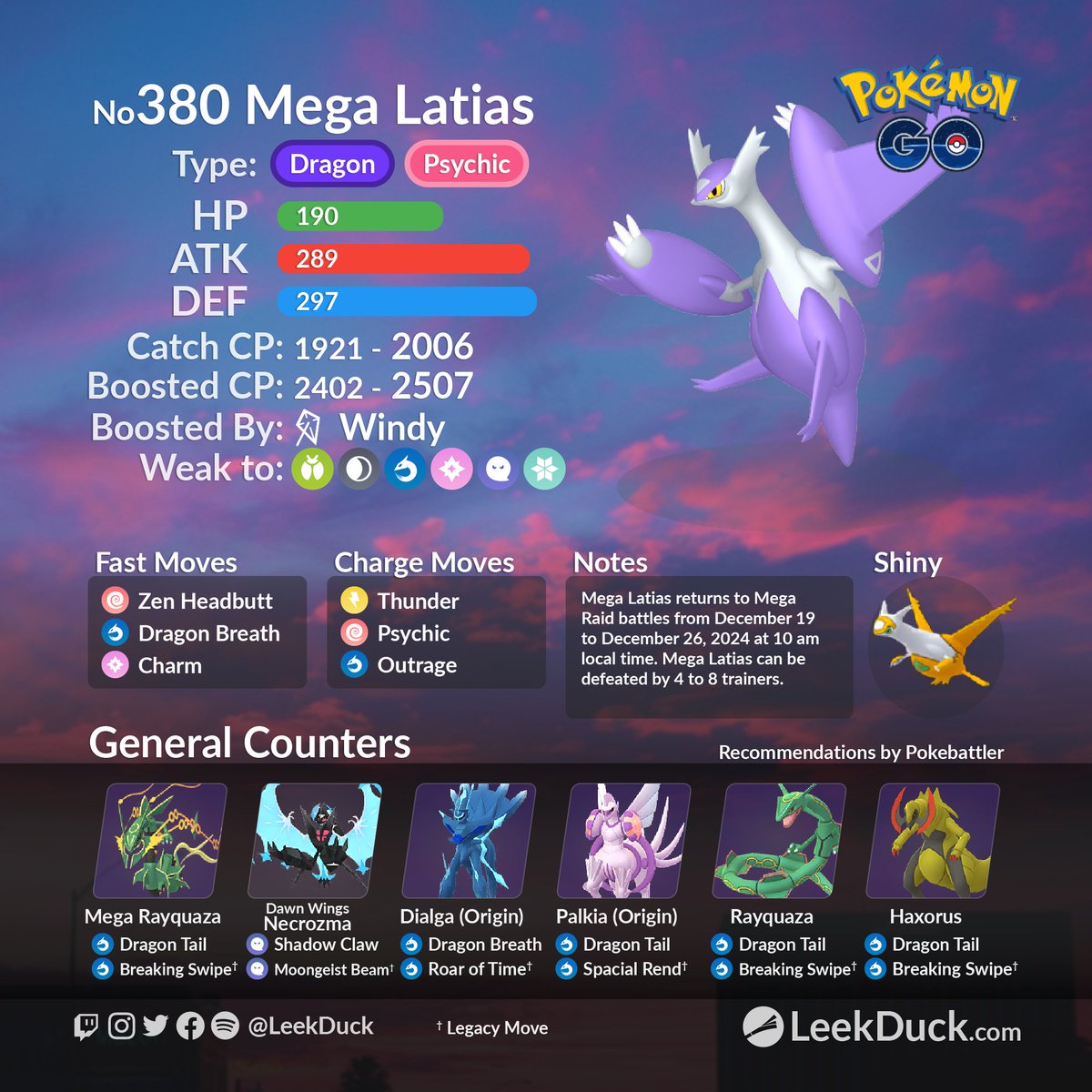 LeekDuck's tweet image. Mega Latias returns to Mega raid battles from Thursday, December 19, to Thursday, December 26, 2024, at 10 am local time.  

Join global raids with Raid NOW:        
🥊 raidnow.leekduck.com