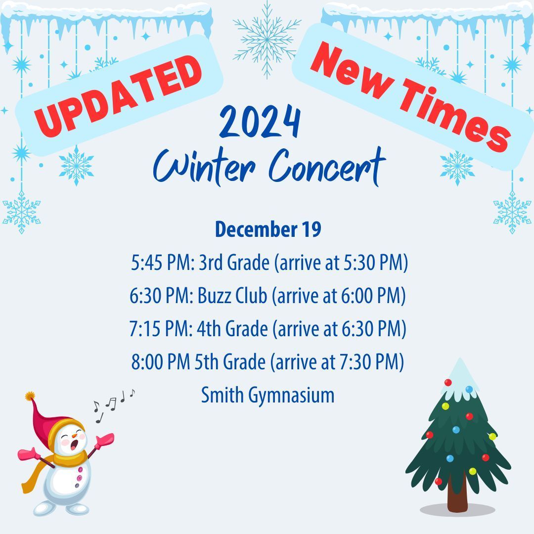 marvinbsmithpto's tweet photo. The Winter Concert for Thursday, December 19 had a few updates. Please see the new times. (4th and 5th grades were originally joined, but have been split into separate concerts.) The Tuesday concert was fantastic, so you do not want to miss this one. Enjoy! https://t.co/J4YiGSnOmN