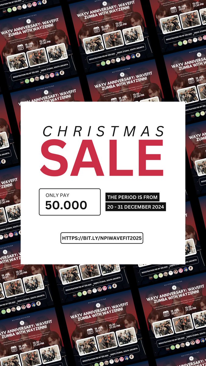 nctprojectsina's tweet photo. Christmas Sale๐โผ๏ธ
With just 50k, you can join the WayV anniversary event! Get your ticket https://t.co/XrzHGu4QQ1
#WaveFit #WayVAnniversary #WayzenniEvent https://t.co/34KYzrEzwa