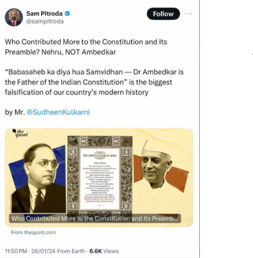 JayPatel3003's tweet photo. Here is Rahul Gandhi's advisor and "so-called" Technocrat Mr. Sam Pitroda on Baba Saheb Ambedkar on 26th January 2024.. 

What you want to say on this @RahulGandhi ?

#BabaSahebAmbedkar  #babasahabambedkar  #BhimraoAmbedkar  #CongressInsultsAmbedkar https://t.co/iXkAgh6K5f