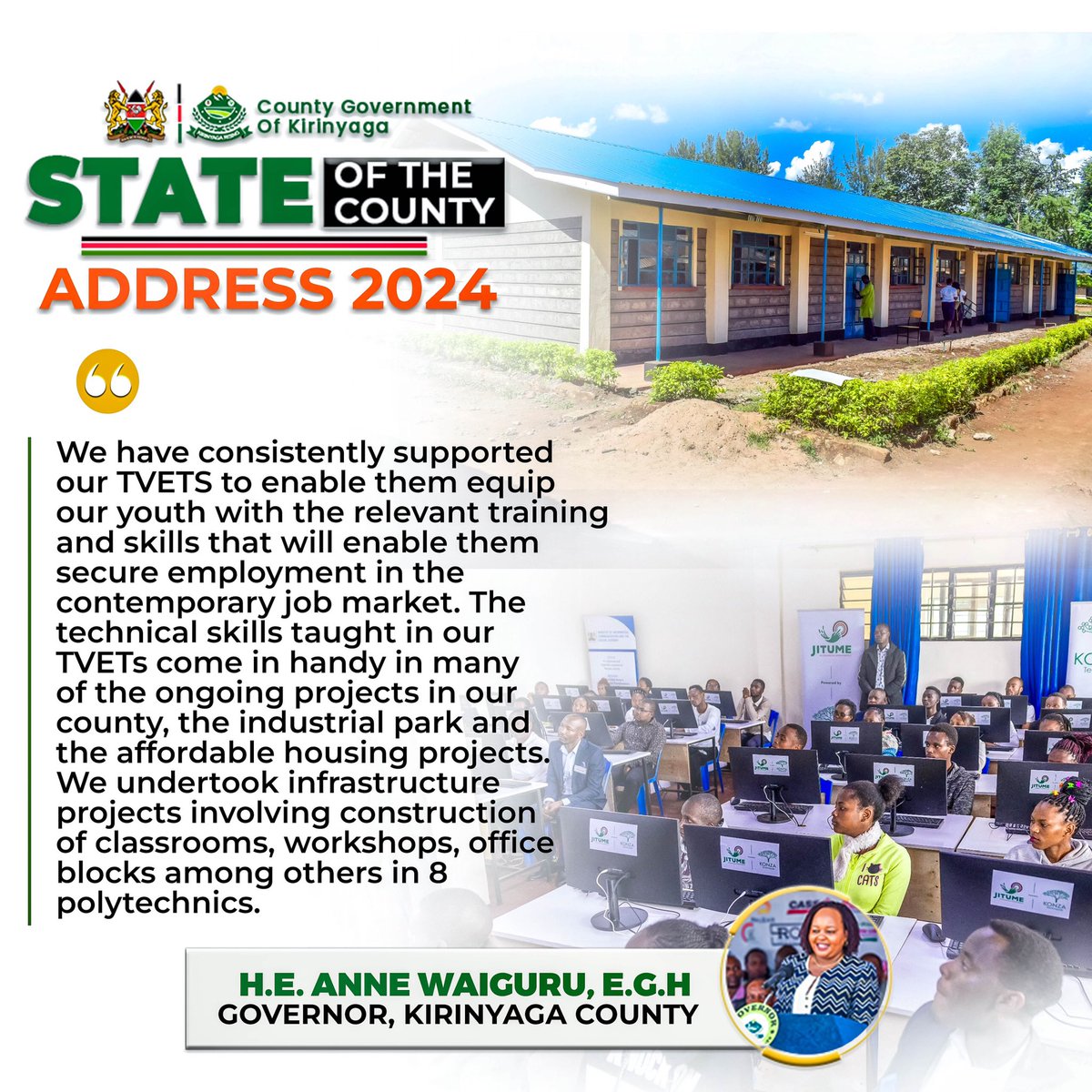 Governor <a href="/AnneWaiguru/">Anne Waiguru EGH, OGW</a> delivered the annual State of the County Address, once again showcasing the incredible achievements that strong women in leadership can accomplish. Her leadership continues to drive Kirinyaga’s growth and progress. #KirinyagaSOCA2024 #KaziIongee