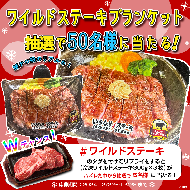 毎日抽選！その場で当たる！！

／
超リアル！飯テロ級
ワイルドステーキブランケットが
合計5⃣0⃣名様に抽選で当たる！
＼

1⃣<a href="/officialikinari/">いきなり!ステーキ【公式】</a> をフォロー
2⃣本投稿を12/26 9:59迄にリポスト
3⃣当選者のみ即時DM
更に！！！リプライで
#ワイルドステーキ を付けてWチャンス！