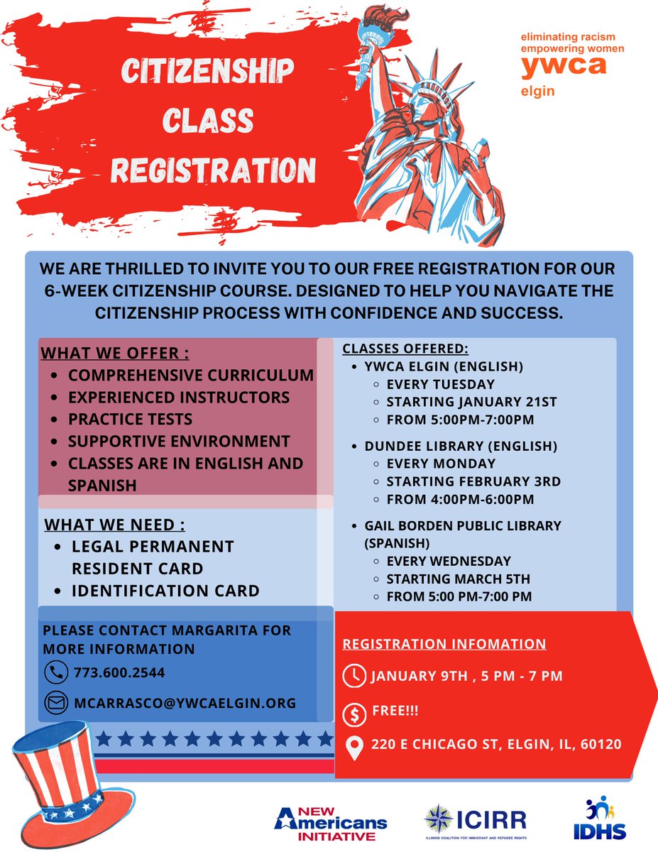 YWCAElgin's tweet image. 🎉 FREE 6-WEEK CITIZENSHIP CLASSES 🎉
📅 Register: Jan 9, 5-7 PM
📍 220 E Chicago St, Elgin, IL
💰 FREE!
✅ Bilingual classes
✅ Practice tests
✅ Expert support
📞 Margarita: 773.600.2544
📧 mcarrasco@ywcaelgin.org
#CitizenshipClass #FreeClasses #YWCAElgin 🇺🇸
