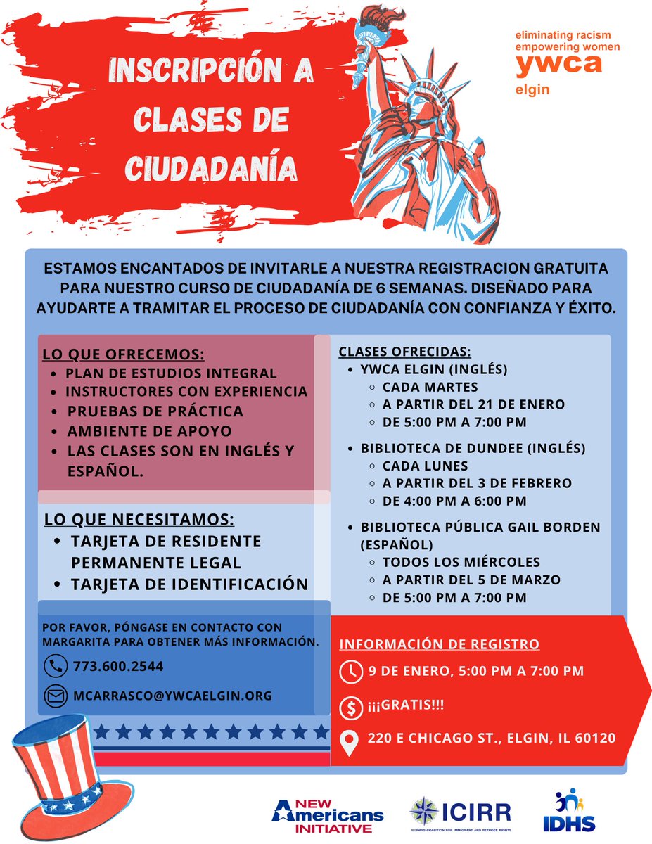 YWCAElgin's tweet image. 🎉 FREE 6-WEEK CITIZENSHIP CLASSES 🎉
📅 Register: Jan 9, 5-7 PM
📍 220 E Chicago St, Elgin, IL
💰 FREE!
✅ Bilingual classes
✅ Practice tests
✅ Expert support
📞 Margarita: 773.600.2544
📧 mcarrasco@ywcaelgin.org
#CitizenshipClass #FreeClasses #YWCAElgin 🇺🇸
