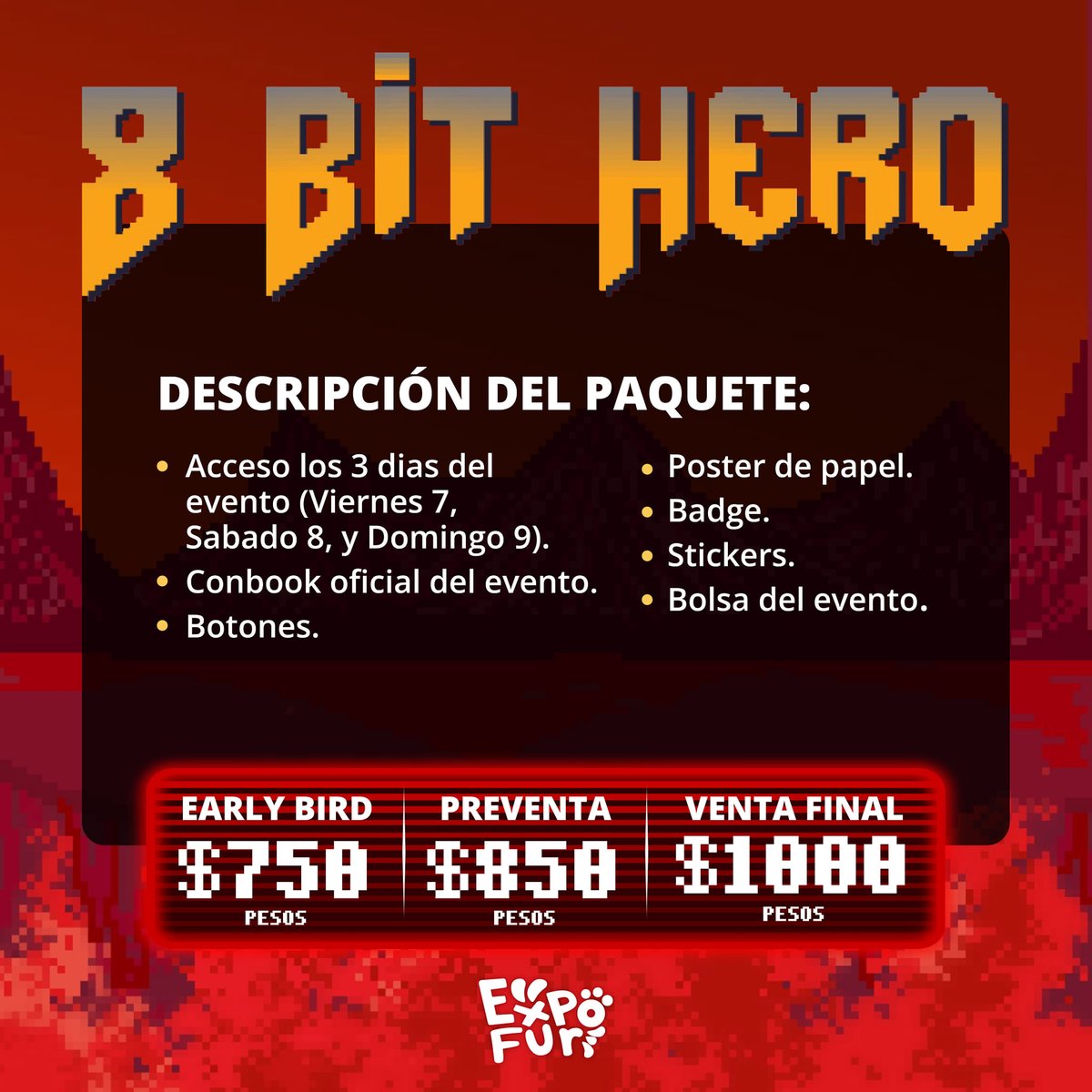 expofur's tweet image. ¡El Early Bird ha llegado!
Así es, aventurero, la venta arranca este 30 de noviembre y las existencias son limitadas, ¡no te quedes fuera!
Compra tus boletos a través de Boletopolis.
👇👇👇
Expofur2025.boletopolis.com
Nota: Pueden aplicarse cargos extra según el método de pago.
