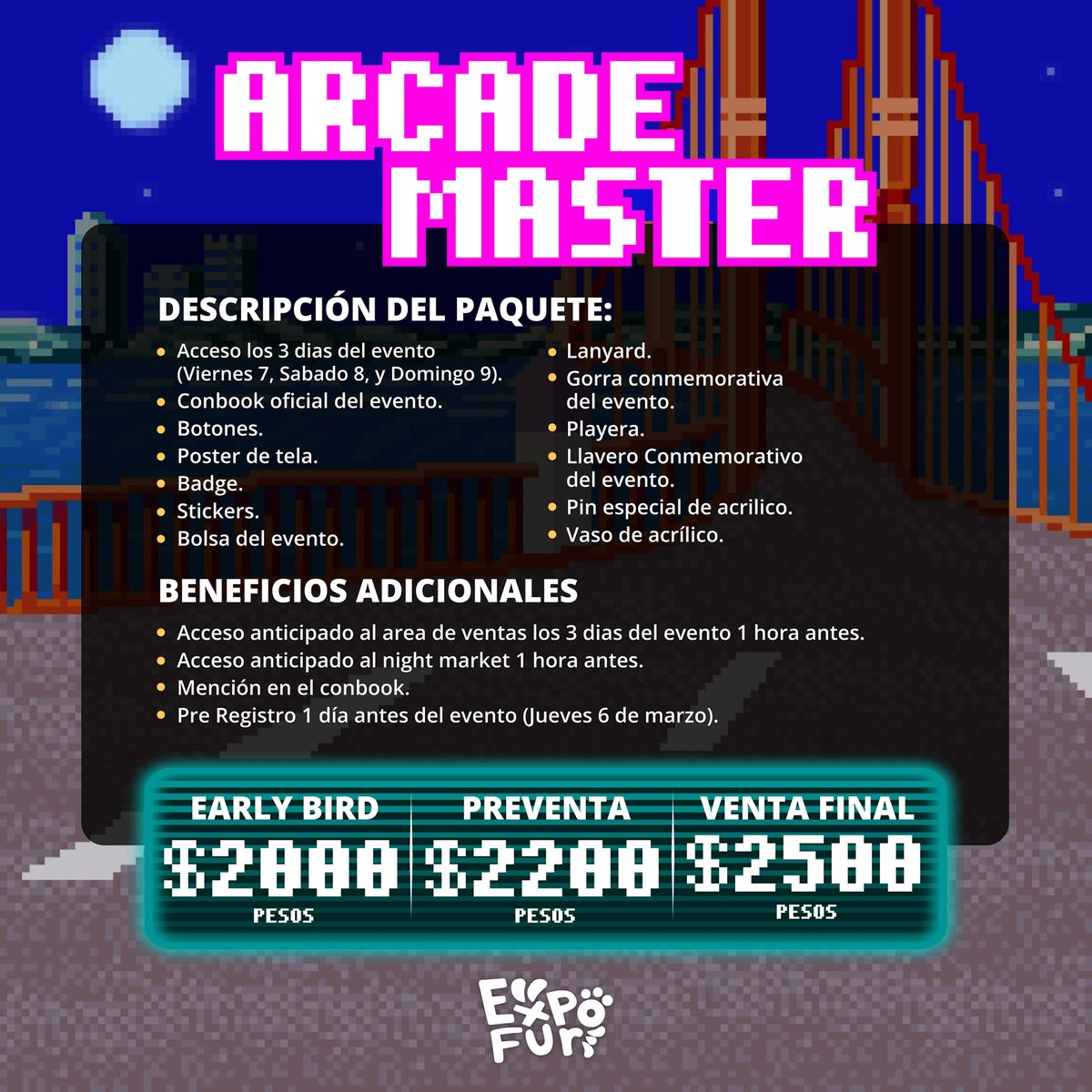 expofur's tweet image. ¡El Early Bird ha llegado!
Así es, aventurero, la venta arranca este 30 de noviembre y las existencias son limitadas, ¡no te quedes fuera!
Compra tus boletos a través de Boletopolis.
👇👇👇
Expofur2025.boletopolis.com
Nota: Pueden aplicarse cargos extra según el método de pago.