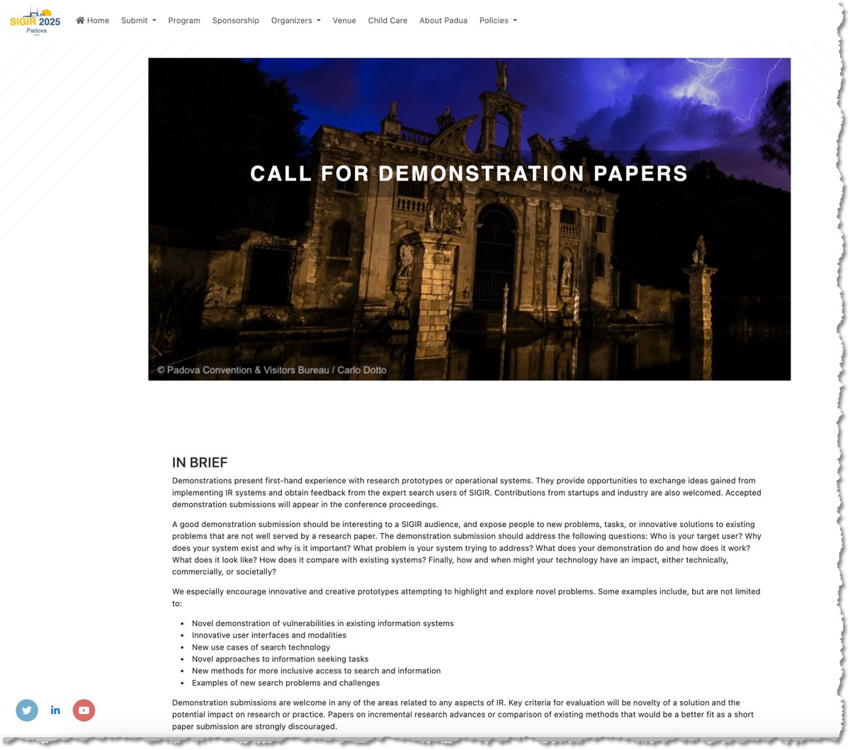 SIGIR 2025 (@sigirconf) on Twitter photo 📣 📣 #sigir2025 call for demos is out at
sigir2025.dei.unipd.it/call-demo-pape…
Deadlines:
- Abstract: Feb 4, 2025
- Paper: Feb 18, 2025
- Notification: Apr 4, 2025
More info? Ask <a href="/eugeneAgichtein/">Eugene Agichtein</a> and <a href="/yubink_cs/">Yubin @Google Next25</a> at sigir2025-demo@dei.unipd.it 📣 📣 #sigir2025 call for demos is out at
sigir2025.dei.unipd.it/call-demo-pape…
Deadlines:
- Abstract: Feb 4, 2025
- Paper: Feb 18, 2025
- Notification: Apr 4, 2025
More info? Ask <a href="/eugeneAgichtein/">Eugene Agichtein</a> and <a href="/yubink_cs/">Yubin @Google Next25</a> at sigir2025-demo@dei.unipd.it