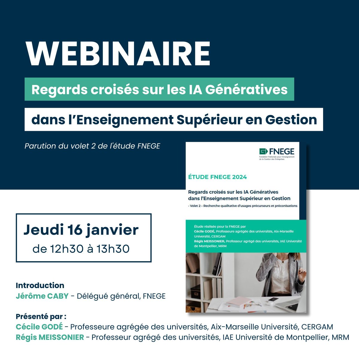 💻 Présentation de la deuxième partie de l'étude FNEGE "Regards croisés sur les IA Génératives dans l'Enseignement Supérieur en Gestion"

Recherche qualitative d’usages précurseurs et préconisations 🔍 

📆 16/01/2025 de 12h30 à 13h30 

🖱️ Inscription : buff.ly/48J5DdV