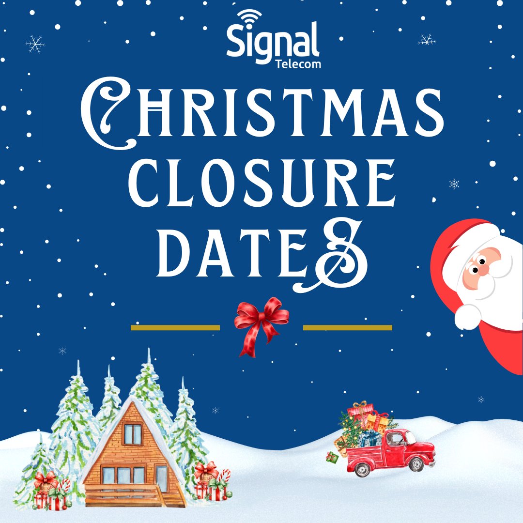 SignalTelecom_'s tweet image. We will be closed over Christmas, from 1pm on Christmas Eve until 9am on Thursday 2nd January 🎅🎄

However, should your query be of an urgent nature please email css@signaltelecom.biz 📧

#Christmas #ClosureDates