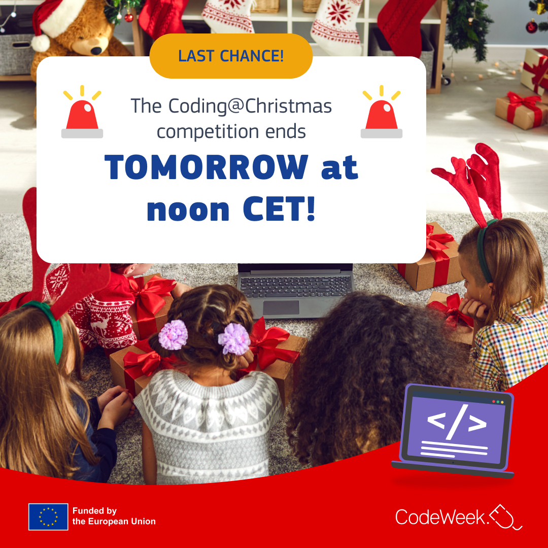 CodeWeekEU's tweet image. 🚨 LAST CHANCE! 🚨 The #CodingAtChristmas competition ends TOMORROW at noon CET! 🎄🎅 Share your coding activities & win prizes from @microbit_edu 🎁✨
👉 Register here: ow.ly/KqYT50UnVVj
Any coding project qualifies - don’t miss out! ⏳ #EUCodeWeek