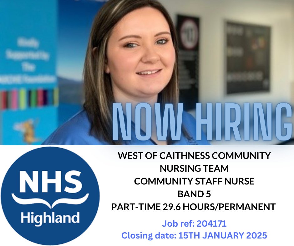#nhshighland #vacancy

Are you interested in being part of the West Caithness Integrated Health and Social Care Team?  We have an exciting part-time permanent opportunity for a Community Staff Nurse!

Interested?  Follow the link below:

Apply online via: apply.jobs.scot.nhs.uk/Job/JobDetail?…