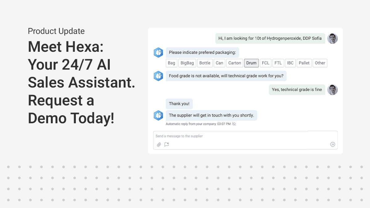 Hexa, an AI-powered sales assistant, streamlines the inquiry process by automatically prequalifying leads, and ensuring relevant inquiries reach you. It works 24/7, saving time and allowing you to focus on high-quality leads. 

Request a Demo: bit.ly/41Esq97
#CheMondis