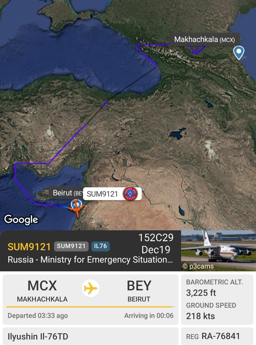 LebanonJets's tweet photo. Video Military: #Russia Ministry for Emergency Situation #EMERCOM #IL76 (VodkaBurner) arrived into #Beirut from #Moscow (ZIA) via #Makhachkala Uytash Airport #SUM9121 hex #152C29 #RA76841 similar trip/diff airframe flew into #Lebanon on Oct3 before continuing to #Latakia #Syria https://t.co/IjSh0kgVmh