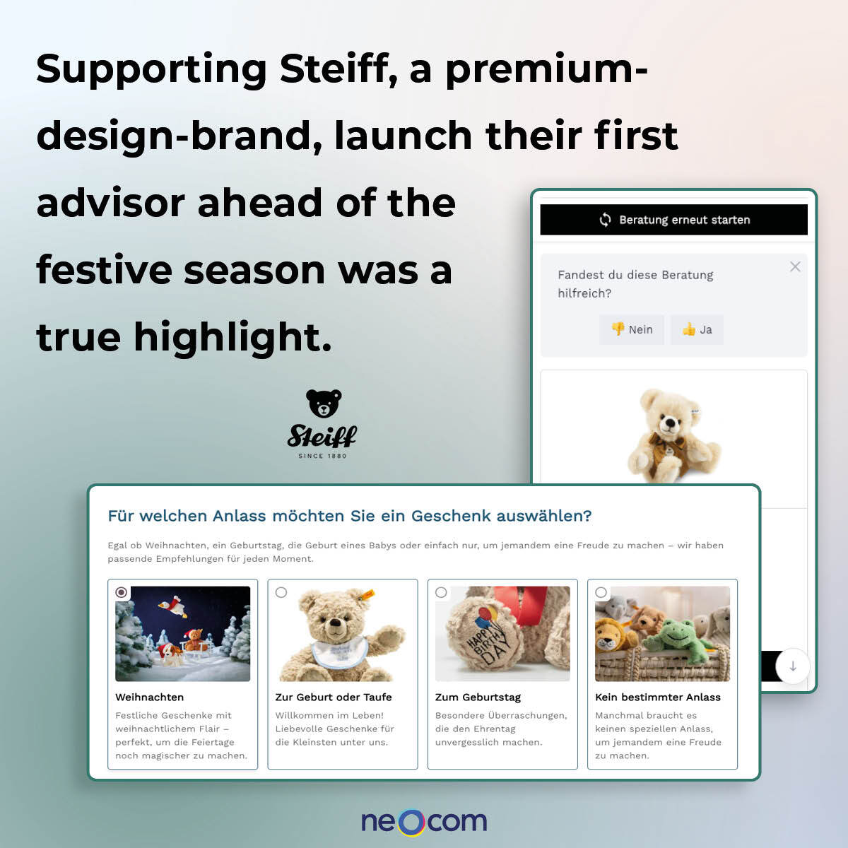Working with an iconic german design brand like Steiff is always an exciting opportunity, and we are incredibly pleased with the result. 

#AIInnovation  #DigitalTransformation #ECommerceSolutions #TechForRetail #CustomerExperience