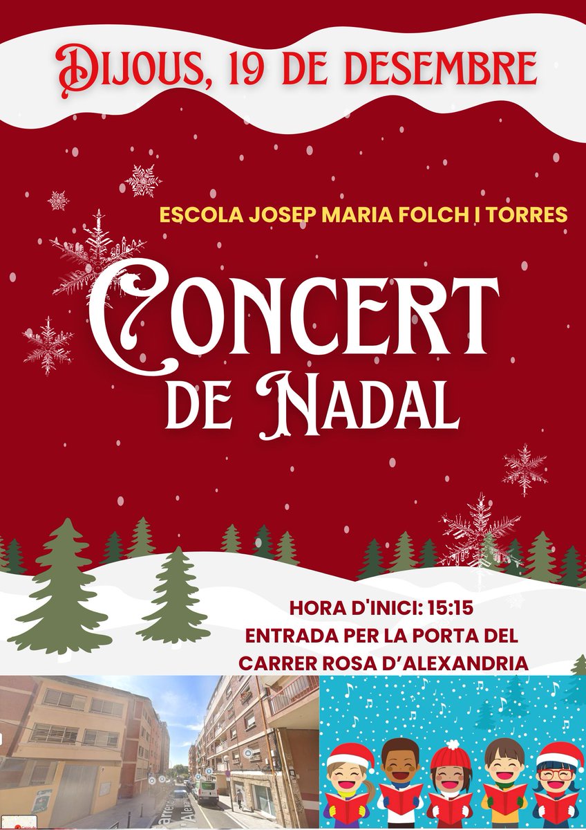 Benvolgudes famílies. Us recordem que dijous 19/12 a la tarda es farà el tradicional Concert de Nadal que aquest any es tornarà a fer al porxo. L'entrada es farà per la porta del Carrer Rosa d'Alexandria i les portes s'obriran a les 15:15 hores aproximadament.