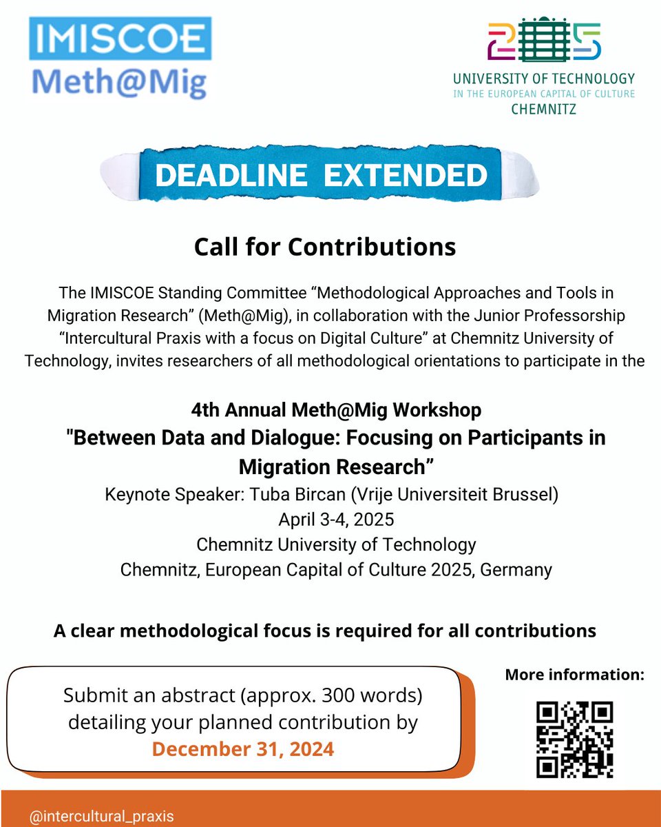 There is still time to submit! Reminder: The submission deadline for the 4th Annual Meth@Mig  Workshop has been extended to December 31, 2024!  

💻tu-chemnitz.de/phil/ifgk/ik...

Don’t forget to submit and join us in the European Capital of Culture in April  2025.

#MethAtMigWS