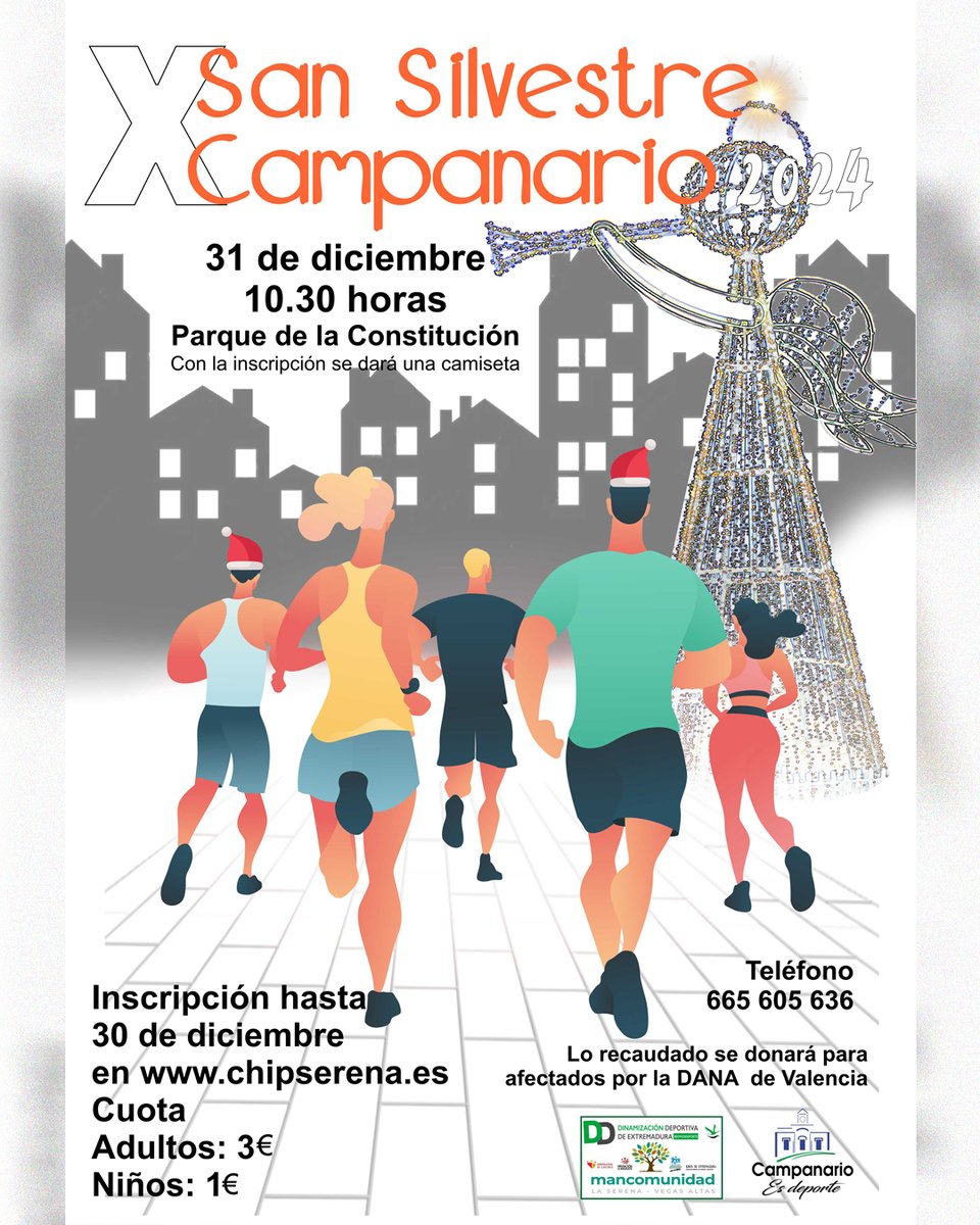 Hoy concluye el plazo de inscripción para participar en la San Silvestre de Campanario. Lo recaudado se destinará a los afectados por la DANA de Valencia del mes de noviembre. Puedes inscribirte en el siguiente enlace: cutt.ly/ieVlXm2l