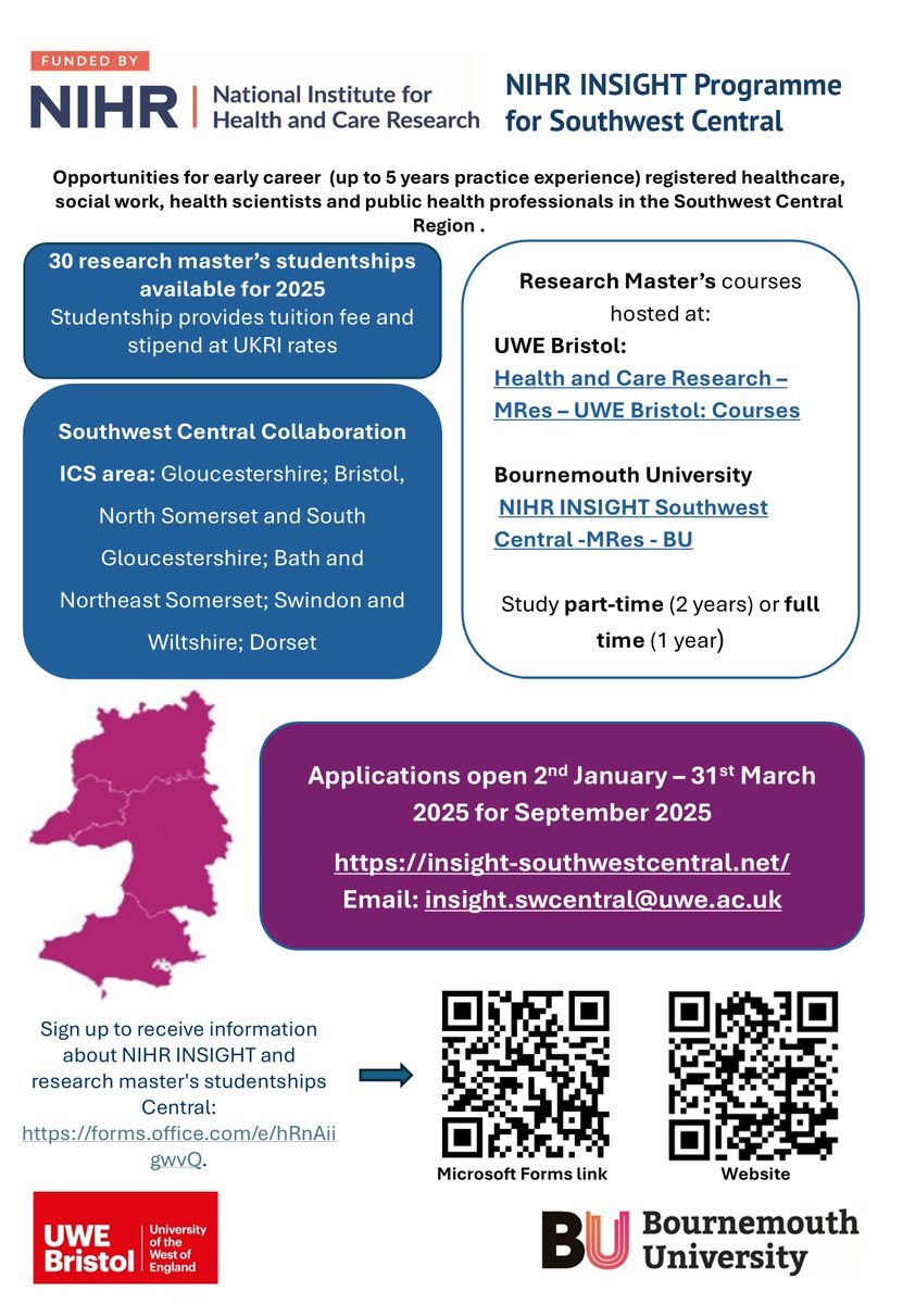 NIHR INSIGHT (Inspiring Graduates and Early Career Professionals into Research) South West Central Collaboration, a programme aimed at fostering research engagement among early career health and social care practitioners in the South West of England. - Open for applications SOON