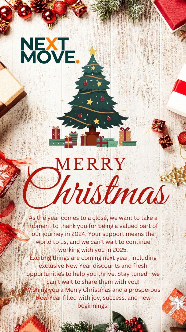 Sending warm holiday wishes from all of us at NextMove! Thank you for being an essential part of our 2024 journey. We look forward to more growth and success together in 2025. Merry Christmas and a Happy New Year

#Christmas2024 
#nextmove 
#NewYear2025