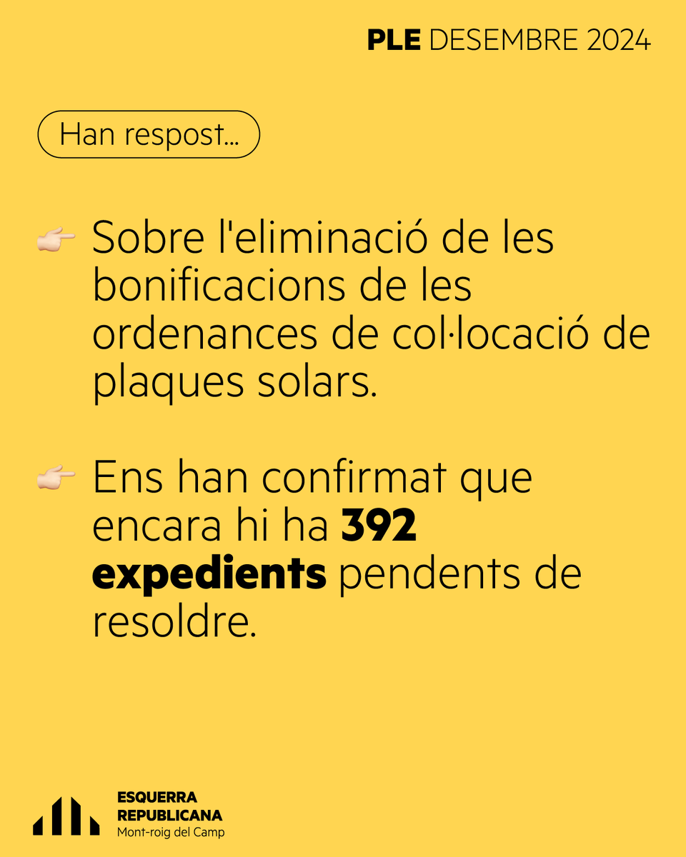 ercmontroigcamp's tweet photo. ❓ Ens han respost les preguntes per escrit sobre l'eliminació de les bonificacions de les ordenances de col·locació de plaques solars.

Ens han confirmat que encara hi ha 392 expedients pendents de resoldre ❌ https://t.co/baL4S7BQsi
