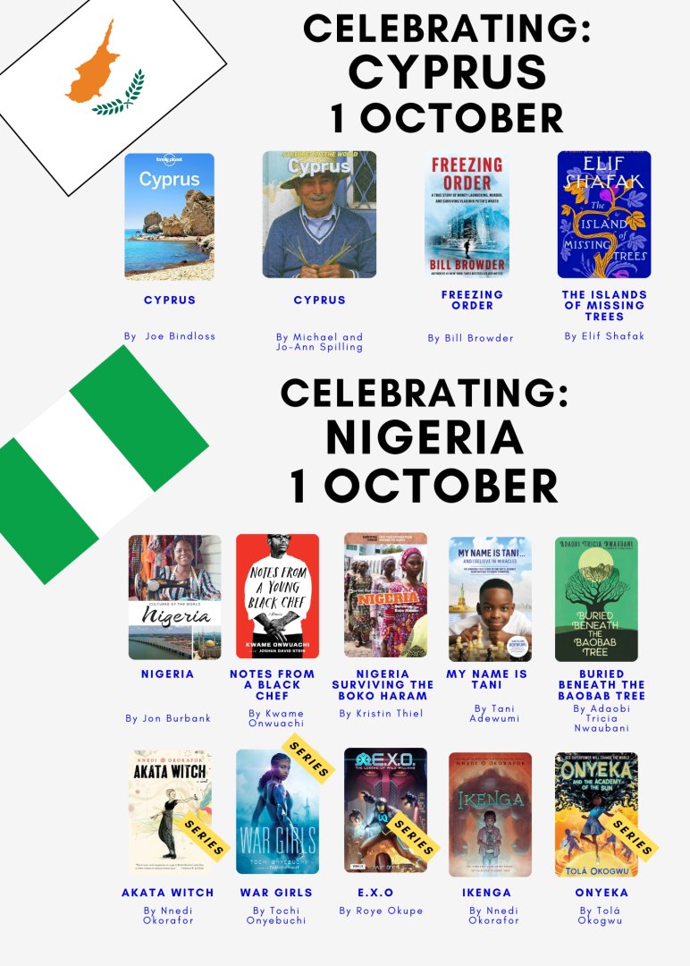 GlobalLitin's tweet image. At least nine different countries celebrate themselves in October. Here are posters for Türkiye, Cyprus, Nigeria, China, Germany, Iraq, Spain, Austria, and the Czech Republic:

glli-us.org/.../19/decdisp…

#DecDisplays #LibraryDisplays #LibraryPromotion #SchoolLibraries 🇨🇾🇨🇾🇨🇾🇳🇬🇳🇬🇳🇬
