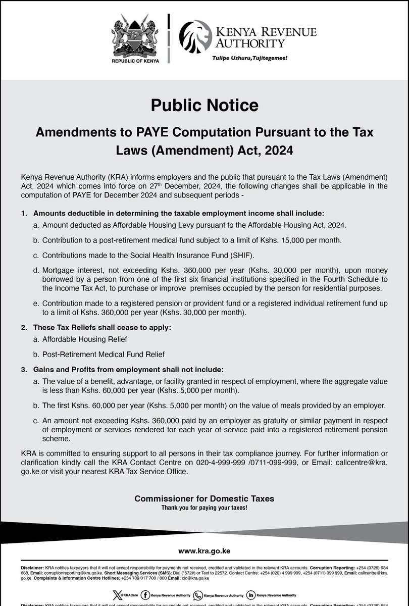 Guidance has come from the Kenya Revenue Authority regarding the Tax Laws (Amendment) Act 2024 &amp; the Dec 27th effective date. 

The import here, as widely expected, is that the provisions are applicable for the entire month. In other words, no prorated application is expected