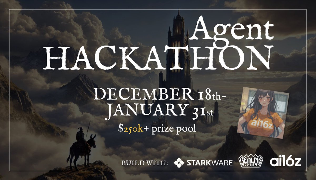StarkWare ๐บ๐ฑ (@starkwareltd) on Twitter photo ๐จTHE @StarkWareltd x <a href="/LootRealms/">Realms.World โ๏ธ</a> AGENT HACKATHON IS HERE ๐จ
> $250k+ in grants
> Direct mentorship from Eliza & StarkWare top contributors
> Meet top builders from the Starknet ecosystem
> Dec. 18th to Jan. 31st
Join the pack, sign-up now: lu.ma/Agent-hack
Details ๐งต๐ ๐จTHE @StarkWareltd x <a href="/LootRealms/">Realms.World โ๏ธ</a> AGENT HACKATHON IS HERE ๐จ
> $250k+ in grants
> Direct mentorship from Eliza & StarkWare top contributors
> Meet top builders from the Starknet ecosystem
> Dec. 18th to Jan. 31st
Join the pack, sign-up now: lu.ma/Agent-hack
Details ๐งต๐