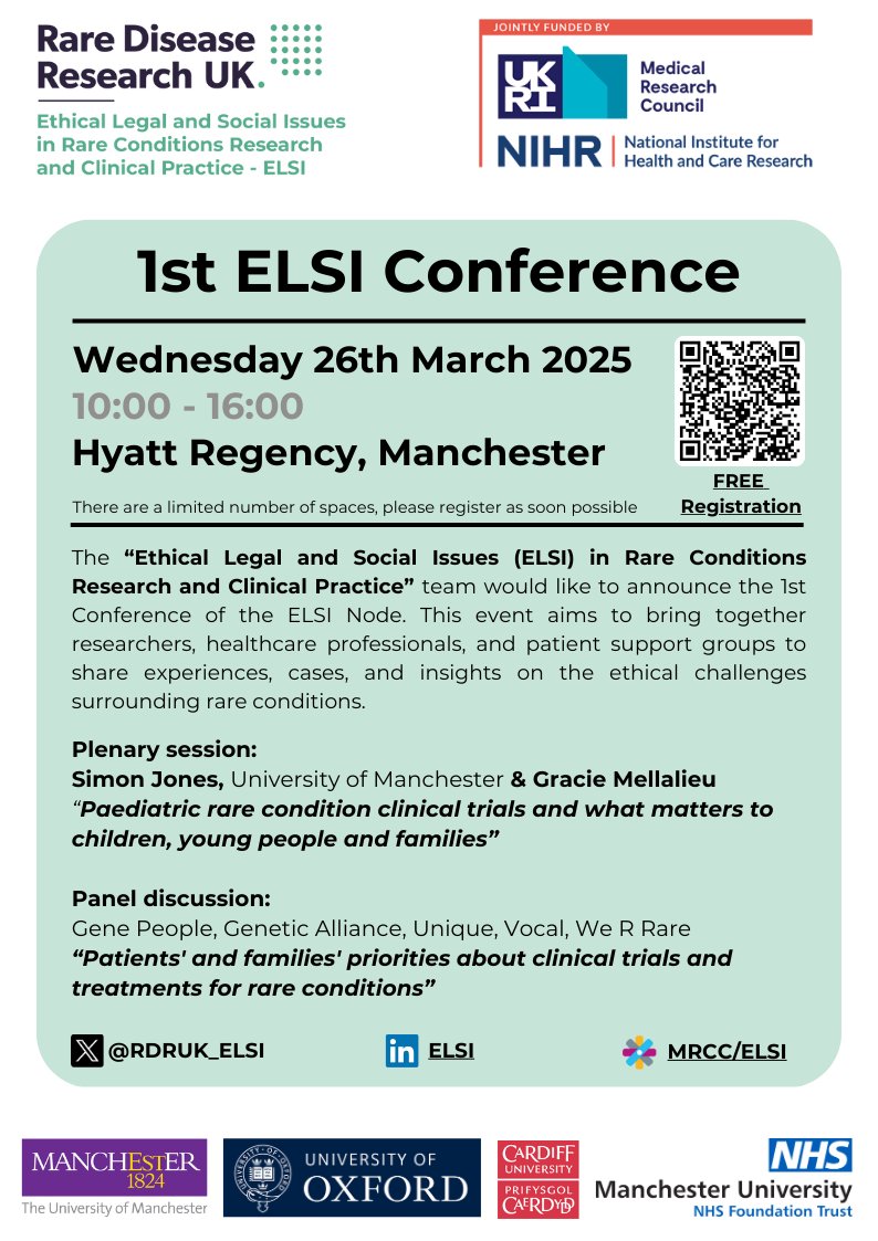 ELSI - Rare Disease Research UK (@rdruk_elsi) on Twitter photo 📢REGISTRATION NOW OPEN📢
🚨1st ELSI Conference
🗓️26 March 2025
🏢Hyatt Regency, Manchester
Please register your attendance for free using the link or QR code below
buytickets.at/rdrukepigenrar…
<a href="/ramonazmoldovan/">Ramona Moldovan</a>
<a href="/RDRUKHub/">Rare Disease Research UK</a>
<a href="/annekeluc/">Anneke Lucassen</a>
#RareDisease #ELSI #rareconditions 📢REGISTRATION NOW OPEN📢
🚨1st ELSI Conference
🗓️26 March 2025
🏢Hyatt Regency, Manchester
Please register your attendance for free using the link or QR code below
buytickets.at/rdrukepigenrar…
<a href="/ramonazmoldovan/">Ramona Moldovan</a>
<a href="/RDRUKHub/">Rare Disease Research UK</a>
<a href="/annekeluc/">Anneke Lucassen</a>
#RareDisease #ELSI #rareconditions