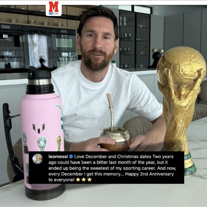 Two years have passed since #Argentina's historic win at the 2022 Qatar World Cup, where they triumphed over France in a thrilling penalty shootout. #Messi𓃵  commemorated the anniversary with a heartfelt message on his social media. <a href="/lewiswatson_8/">Lewis Watson</a> 
bolavip.com/en/soccer/lion…