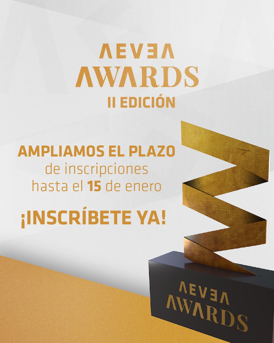 Si aún no has participado, ¡estás de suerte!🍀 Los AEVEA AWARDS amplían el periodo de presentación de candidaturas hasta el próximo 15 de enero, a las 20:00h.

Inscríbete en el link.🖇️ 
lnkd.in/dyqWeRPK.