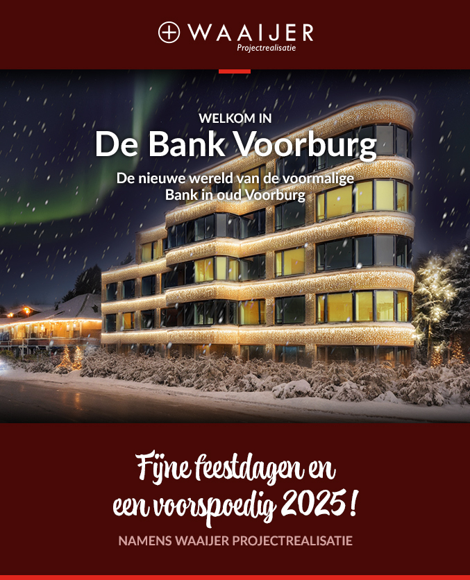 Voor de kerstkaart hebben we dit jaar ons project De Bank Voorburg gekozen. Begin volgend jaar wordt dit prachtige project aan de kopers opgeleverd debankvoorburg.nl

Waaijer Projectrealisatie wenst u fijne feestdagen en een voorspoedig 2025!