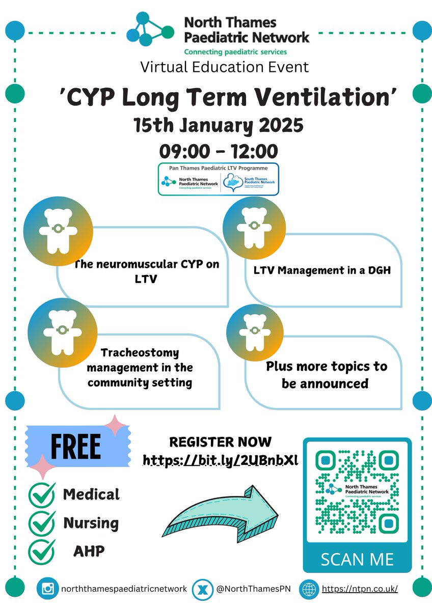 Join us at our next NTPN Education forum on January 15th from 09.00-12.00. Januarys topic will be CYP Long term ventilation, tickets for this free virtual event can be found at tinyurl.com/y2hu4st5 or by scanning the QR code on the poster below #NTPN #Clinicaleducation #LTV