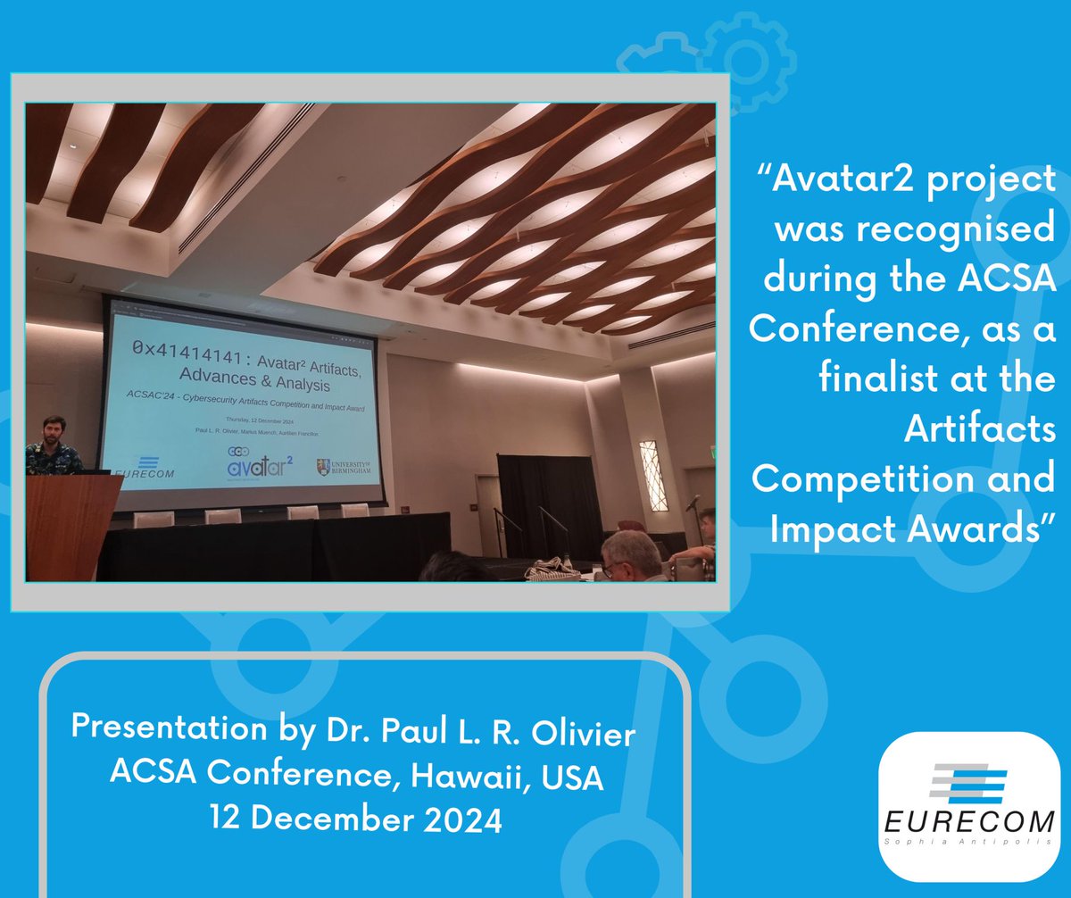 La Com EURECOM (@eurecom) on Twitter photo 🎉 Last week, #EURECOM's project #avatar2 was presented at the #ACSAC, as a finalist at the "Artifacts Competition and Impact Award".
🔗Article: lnkd.in/dDCq7aGV
🔗Research Paper: lnkd.in/dePTrsHt
Congrats to <a href="/aurelsec/">Aurélien Francillon</a> and your team! 🎉 Last week, #EURECOM's project #avatar2 was presented at the #ACSAC, as a finalist at the "Artifacts Competition and Impact Award".
🔗Article: lnkd.in/dDCq7aGV
🔗Research Paper: lnkd.in/dePTrsHt
Congrats to <a href="/aurelsec/">Aurélien Francillon</a> and your team!