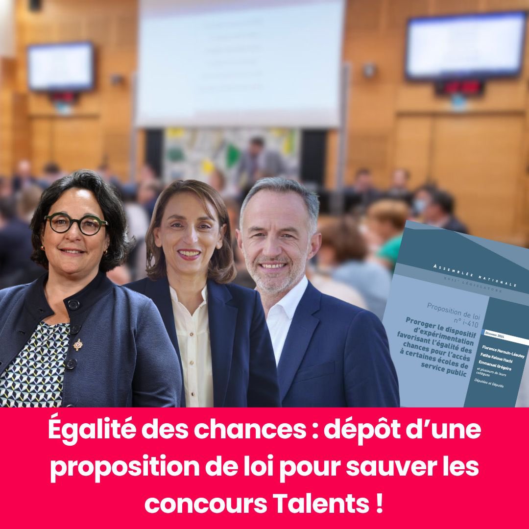 Avec mes collègues <a href="/KelouaF/">Fatiha Keloua Hachi</a> et <a href="/egregoire/">Emmanuel Grégoire</a>, nous déposons une proposition de loi pour prolonger les concours "Talents". 

Leur suppression constituerait une régression majeure pour notre République, privant de jeunes talents prometteurs issus de milieux modestes de l’accès à des