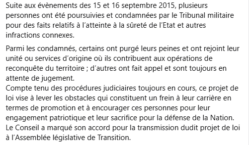 #Burkina_Faso /Putsch 2015 : Le gouvernement adopte un projet de loi visant à gracier sous condition les personnes impliquées.
Conseil des ministres du 18/12/2024