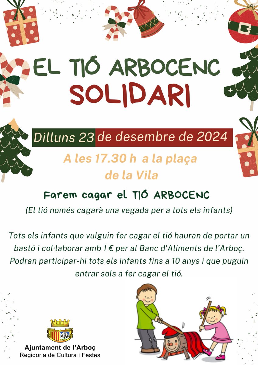 🎄🔴 TIÓ DE NADAL SOLIDARI A L'ARBOÇ. Vine a fer cagar el tió!

👉 Dilluns 23 de desembre a partir de les 17:30 h a la plaça de la Vila, farem cagar el Tió de Nadal!

#lArboç #informació #AjuntamentlArboç #nadal #nadal2024