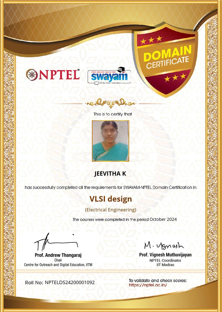 EceRmkec's tweet photo. Accolades!!!--"NPTEL Domain Certificate" for successful completion of courses in VLSI Design and Certificate of Appreciation being recognized as "NPTEL Discipline Star", awarded to Ms.K.Jeevitha, ASP/ECE, in recognition of her valuable achievements, during the period July-Dec 24 https://t.co/sS0xDmQRrs