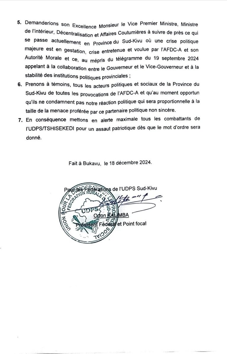 L'AFDC appelle l’UDPS au calme et à privilégier la cohésion, étant tous partenaires autour du PR surtout en cette période où l’impérieuse question de réformes constitutionnelles est en vogue. Pensons à accompagner le PR que de fragiliser l'USN dans une Province comme le #SudKivu.