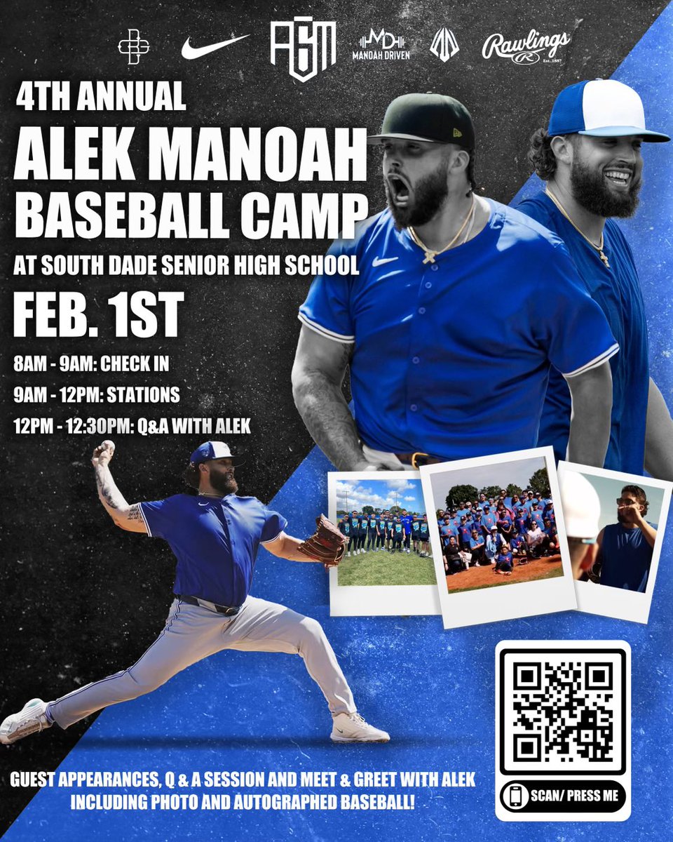 BallengeeGroup's tweet image. Don’t miss the 4th Annual @Alek_Manoah6 Baseball Camp on February 1, 2025 at South Dade High School.

Sign up now for a fun day of learning the game from Alek and other players! Click the link or scan the barcode to sign up.

ascent-athlete.statstaklabs.com/booking?event=…