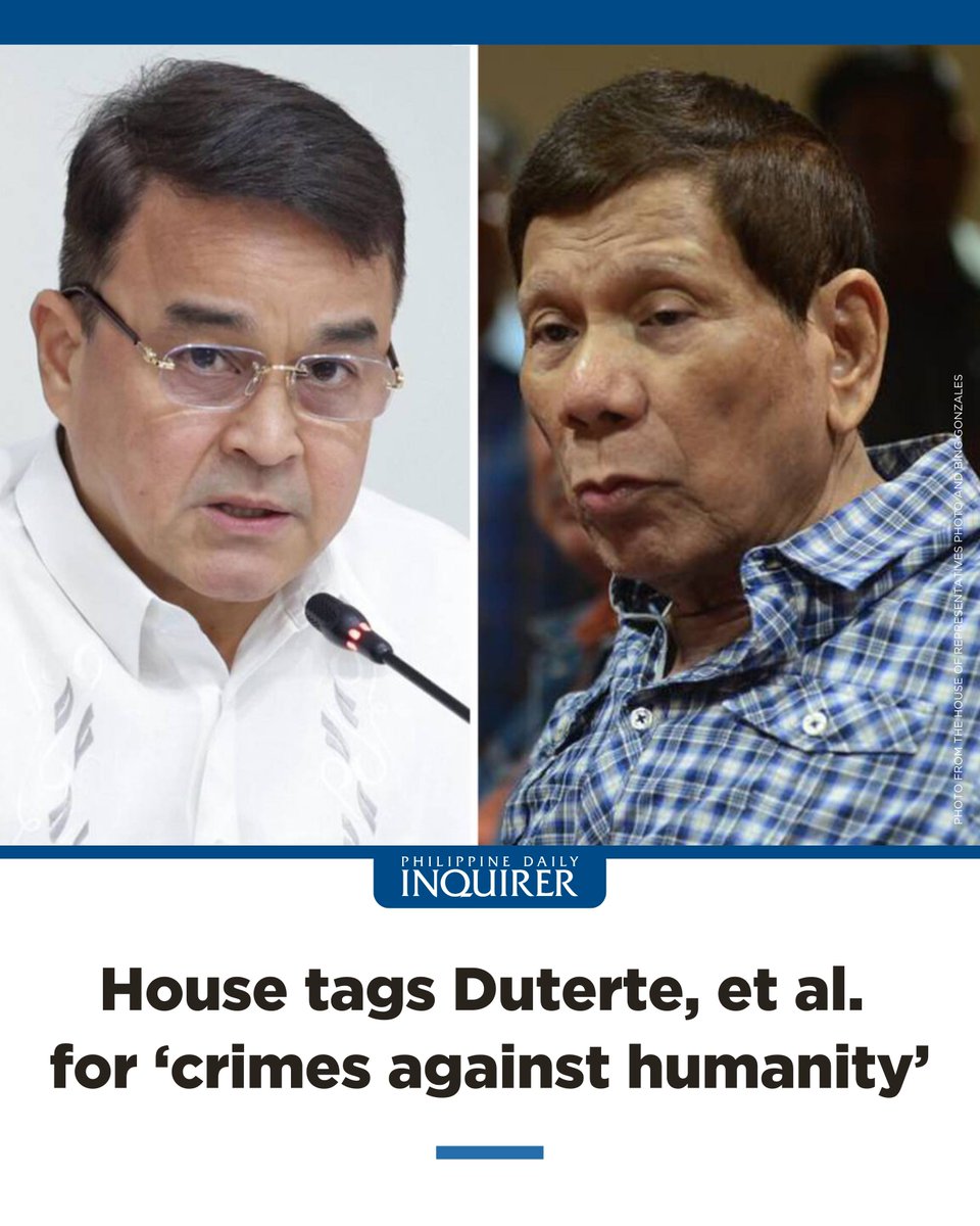 phildailyinq's tweet photo. House tags Duterte, et al.ย for โcrimes against humanityโ
Read more: https://t.co/3l5mTJpaCq
Get your daily paper delivered for only P20/day: https://t.co/d2AtaPol5t
#PhilippineDailyInquirer #INQPlus #NewsPH
๐ท Photo from the House of Representatives / Bing Gonzales https://t.co/Y3iGICVBOM