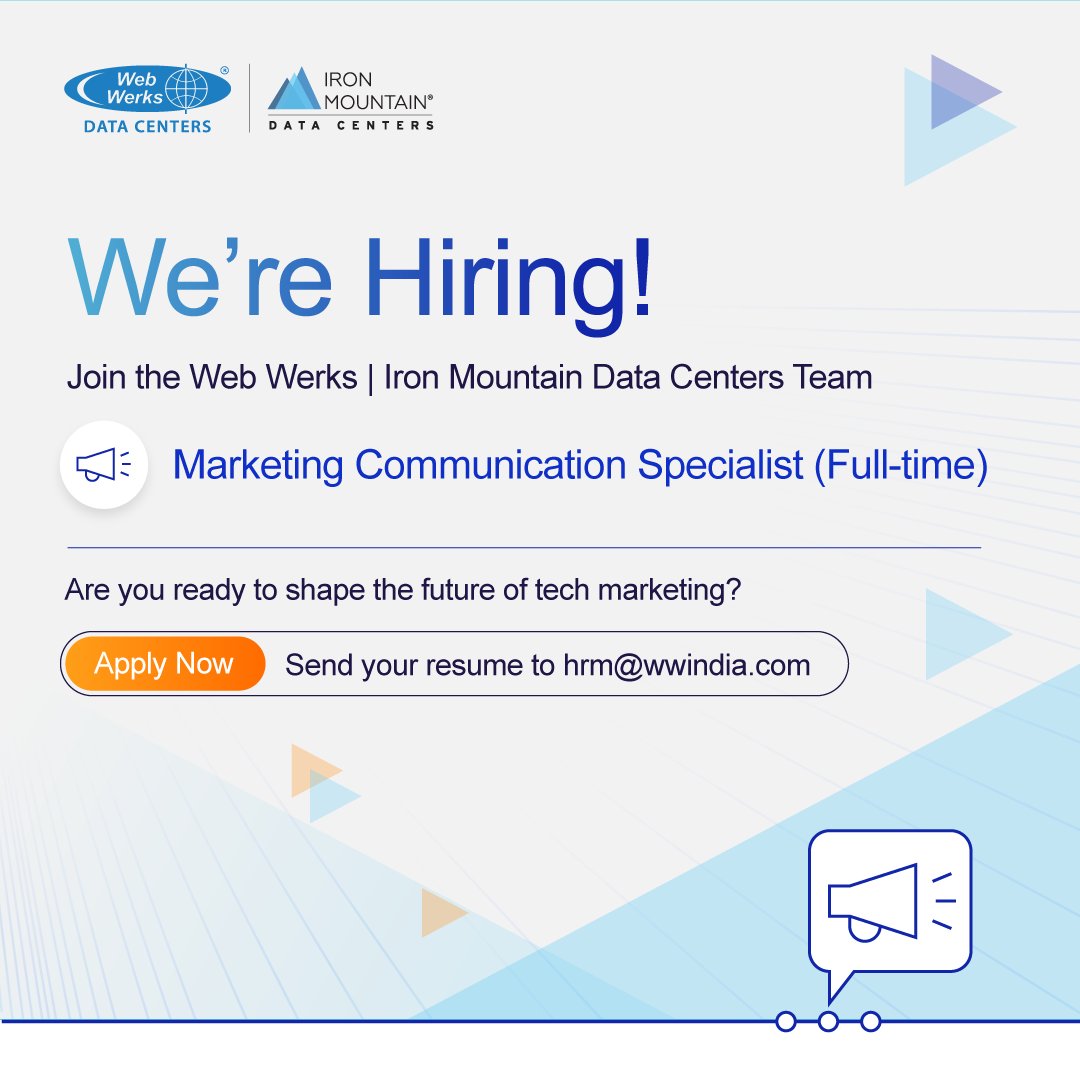 Web Werks Data Centers (@webwerksdc) on Twitter photo We’re #Hiring!
Position: Marketing Communication Specialist
Are you creative, driven, and eager to make waves in the tech-marketing world? Join the <a href="/webwerksDC/">Web Werks Data Centers</a> | <a href="/IRMDataCenters/">Iron Mountain Data Centers</a> team and make an impact!
Send your resumes: hrm@wwindia.com
Apply here: linkedin.com/jobs/search/?c… We’re #Hiring!
Position: Marketing Communication Specialist
Are you creative, driven, and eager to make waves in the tech-marketing world? Join the <a href="/webwerksDC/">Web Werks Data Centers</a> | <a href="/IRMDataCenters/">Iron Mountain Data Centers</a> team and make an impact!
Send your resumes: hrm@wwindia.com
Apply here: linkedin.com/jobs/search/?c…
