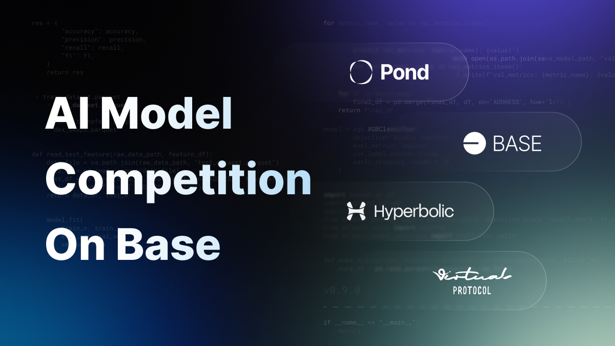 JoinPond's tweet photo. Onchain is the new online, and the ultimate alpha signal lies within onchain data. 

Pond is thrilled to announce a series of AI model competitions co-hosted by Virtuals @virtuals_io , Hyperbolic @hyperbolic_labs , and Pond, designed to unlock the immense potential of onchain data on @Base.

We invite AI model developers and engineers to participate in Pond’s two model competitions on Base:
• Token Recommendation on Base: https://t.co/TNp8gPKgpS
• Wallet Risk Scoring on Base: 
https://t.co/yO6hCtaraw

Explore Pond’s Decentralized Model Factory (https://t.co/ZhIiokZ29i), where you’ll find inspiration, access to Pond’s cutting-edge model stack and datasets, future exposure on Virtuals, GPU resources from Hyperbolic, and world-class AI model development insights and guidance from the Pond team!

Winners will enjoy exciting rewards, including the chance to have their models power the next generation of AI agents on Virtuals. Additional prizes include bounties provided by the hosting projects, and more. The winning models will be seamlessly integrated into Pond’s data and inferencing infrastructure, enabling advanced functionality and paving the way for future crypto AI applications!
