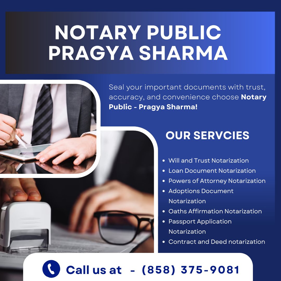 Notary6655's tweet image. Your documents deserve the best care! Trust Notary Public - Pragya Sharma for reliable, accurate, and fast notary services. 

#SanDiegoNotary #MobileNotary #DocumentNotarization #TrustAndWills #LoanSigning #PowerOfAttorney #ReliableNotary #ConvenientNotary #LegalDocuments