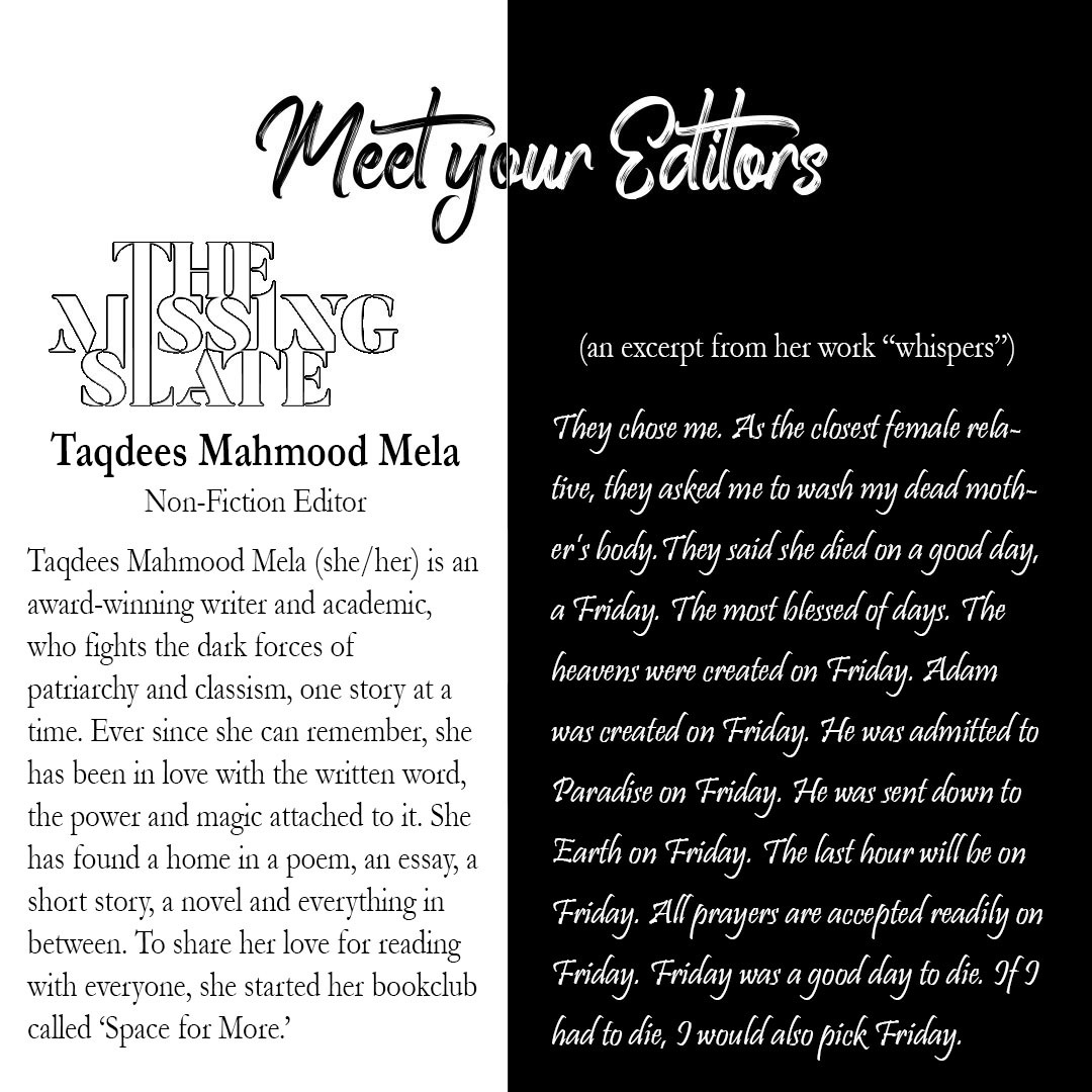 Taqdees Mahmood Mela's work with Issue 19 - Crumble has been indispensable both in terms of content and visual identity for TMS! We can’t wait for you to dive into the genre pieces featured in the upcoming winter issue.