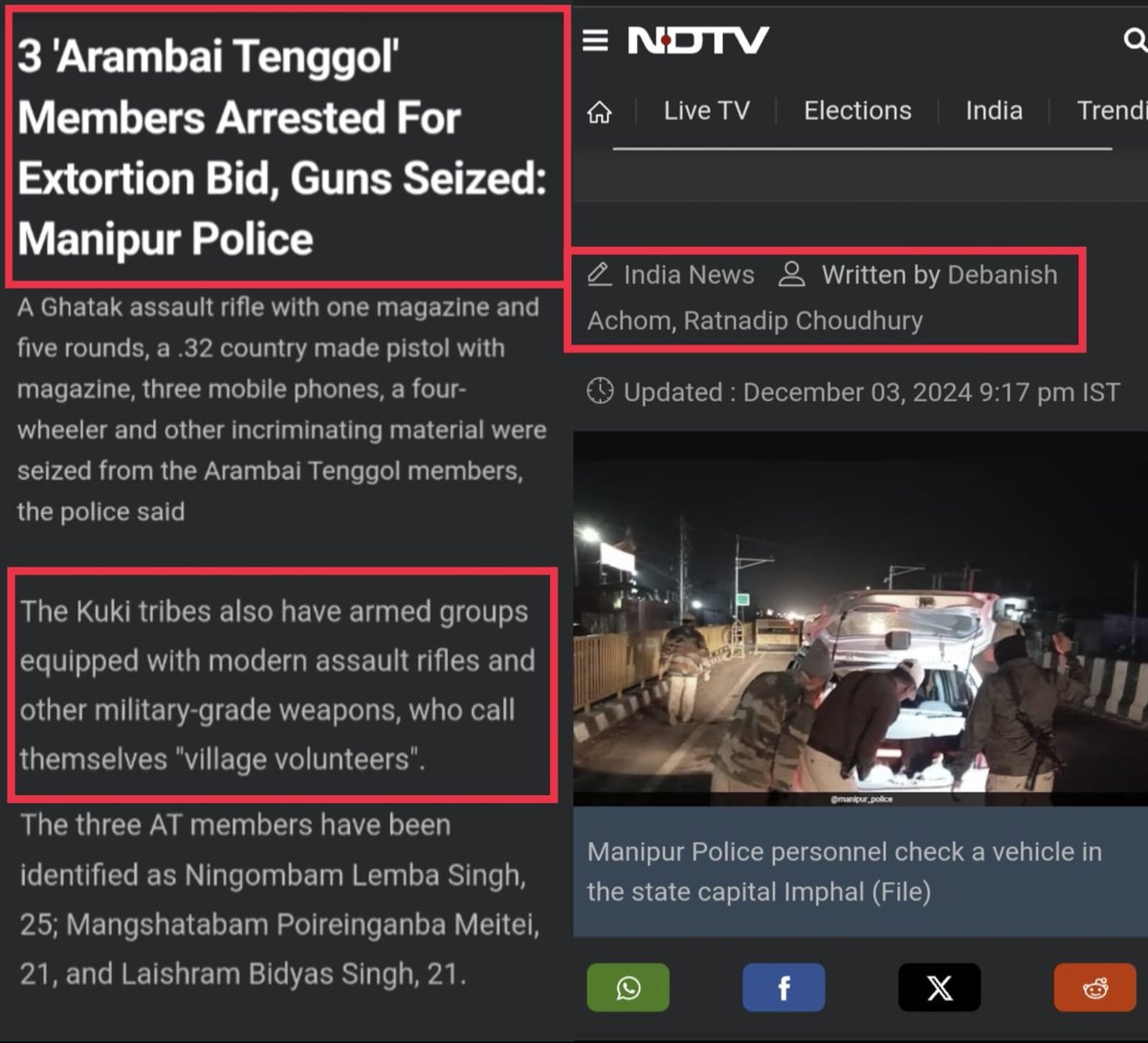 chinkukimizogin's tweet photo. (𝟐/𝟑) Unlike other Media Outlets, which carefully, meticulously, and scrupulously select Reporters from neutral Communities to ensure unbiased, balanced, and impartial reporting, NDTV's reliance on the nefarious @debanishachom has led to a glaring, egregious, and reprehensible lack of objectivity, rendering its coverage of the Manipur conflict woefully, abysmally, and utterly inadequate. This egregious lapse in journalistic integrity has not only undermined NDTV's credibility but also perpetuated a toxic narrative that has exacerbated the already volatile situation in Manipur.

It is pertinent to recall that @debanishachom, in collusion with his notorious accomplice @Lin_Luwang, has consistently demonstrated a reprehensible penchant for exploiting their professional stature to orchestrate a scurrilous campaign of vilification against the Kuki community. Specifically, @debanishachom has faced repeated exposure for flagrantly misusing the @ndtv platform to disseminate egregious misinformation and besmirch the reputation of the #Kuki people, often in collusion with @RatnadipC. A damning example is attached for reference. [https://t.co/xBVQcbTdhi]. This type of targeted smear campaign, replete with gross distortions and manipulations, is not unprecedented, as evidenced by the previously exposed "Bohemian Club" incident. Such actions reveal a profound and troubling disregard for truth, journalistic integrity, and the well-being of the communities targeted.

A meticulous and scathing examination of every single Articles of @debanishachom's lays bare a disturbing trend of duplicitous reporting, marked by a blatant, egregious, and reprehensible double standard that reeks of unbridled bias and unadulterated partisanship. With unmitigated audacity and temerity, @debanishachom always brazenly and vociferously misreport on #Kuki groups and its Village Volunteers, yet coyly, furtively, and disingenuously refers to #MeiteiMilitant Groups, including the banned extremist outfits, using euphemistic language that is as opaque as it is Orwellian, such as "armed group," "village defence volunteers," and "unidentified armed group." 

This stark, jarring, and reprehensible dichotomy in reporting is a damning, scathing, and devastating indictment of @debanishachom's journalistic integrity, or rather, the glaring, egregious, and cringe-worthy lack thereof. His reporting style has been disparagingly, scathingly, and contemptuously likened to "paid journalism," a term that underscores the absence of professionalism, the blatant disregard for truth, and the unapologetic pandering to vested interests that pervades his work.

Therefore, a haunting question emerges, shrouded in an aura of skepticism: 𝙃𝙖𝙨 𝙉𝘿𝙏𝙑 𝙙𝙚𝙜𝙚𝙣𝙚𝙧𝙖𝙩𝙚𝙙 𝙞𝙣𝙩𝙤 𝙖 𝙢𝙚𝙧𝙚 𝙥𝙧𝙤𝙥𝙖𝙜𝙖𝙣𝙙𝙖 𝙩𝙤𝙤𝙡, 𝙢𝙞𝙣𝙙𝙡𝙚𝙨𝙨𝙡𝙮 𝙥𝙖𝙧𝙧𝙤𝙩𝙞𝙣𝙜 𝙩𝙝𝙚 𝙫𝙞𝙩𝙧𝙞𝙤𝙡𝙞𝙘 𝙧𝙝𝙚𝙩𝙤𝙧𝙞𝙘 𝙤𝙛 𝙈𝙖𝙣𝙞𝙥𝙪𝙧 𝙑𝙖𝙡𝙡𝙚𝙮 𝙈𝙚𝙙𝙞𝙖 𝙃𝙤𝙪𝙨𝙚𝙨, 𝙘𝙤𝙪𝙧𝙩𝙚𝙨𝙮 𝙤𝙛 𝙞𝙩𝙨 𝙧𝙖𝙙𝙞𝙘𝙖𝙡𝙞𝙯𝙚𝙙 𝙘𝙤𝙢𝙢𝙪𝙣𝙖𝙡 𝙍𝙚𝙥𝙤𝙧𝙩𝙚𝙧 @debanishachom? This query hangs precariously, casting a long, ominous shadow over the Network's already-tattered credibility, which lies in tatters like a once-majestic edifice ravaged by the tempests of bias and deceit.

The Network's association with such a Reporter, notorious for peddling divisive rhetoric and misinformation, has naturally sparked widespread consternation. His radicalized separatist stance has been glaringly evident in every piece of his reporting, which has been vociferously accused of fanning the flames of ethnic tension in Manipur.

The consequences of such biased reporting are far-reaching and devastating. It not only perpetuates misinformation and fuels further violence but also exacerbates the existing tensions between communities, rendering the already volatile situation in Manipur even more precarious. 
⤵️👇--𝓒𝓸𝓷𝓽𝓭 : (𝟐/𝟑)--👇⤵️

#𝐂𝐇𝐈𝐊𝐈𝐌_𝐓𝐄_𝐀𝐖𝐆𝐈𝐍
@chinkukimizogin 

#MeiteiLiesXposed