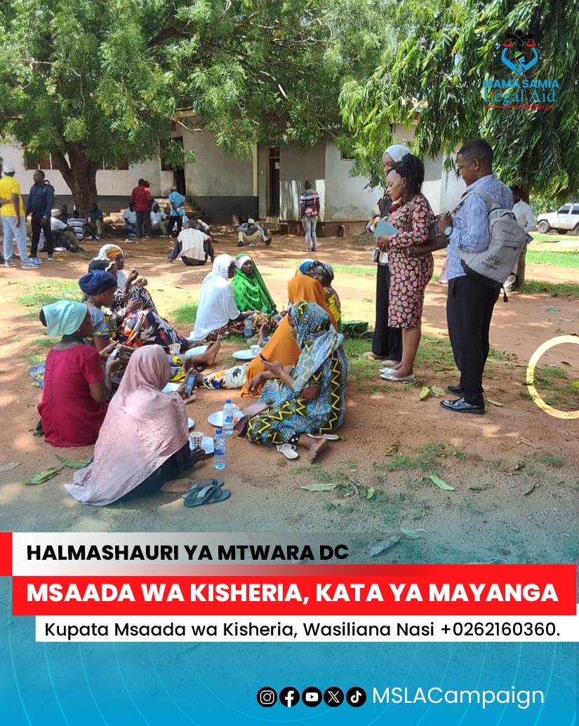 Mslac imewafikia wananchi wa Halmashauri ya Mtwara DC kata ya Mayanga wakitoa elimu kwa wananchi wa Kata ya Mayanga na kusikiliza changamoto zao.

#MSLAC 
<a href="/Sheria_Katiba/">Wizara ya Katiba na Sheria</a> 
<a href="/sisiniTanzania/">SISI NI TANZANIA</a>