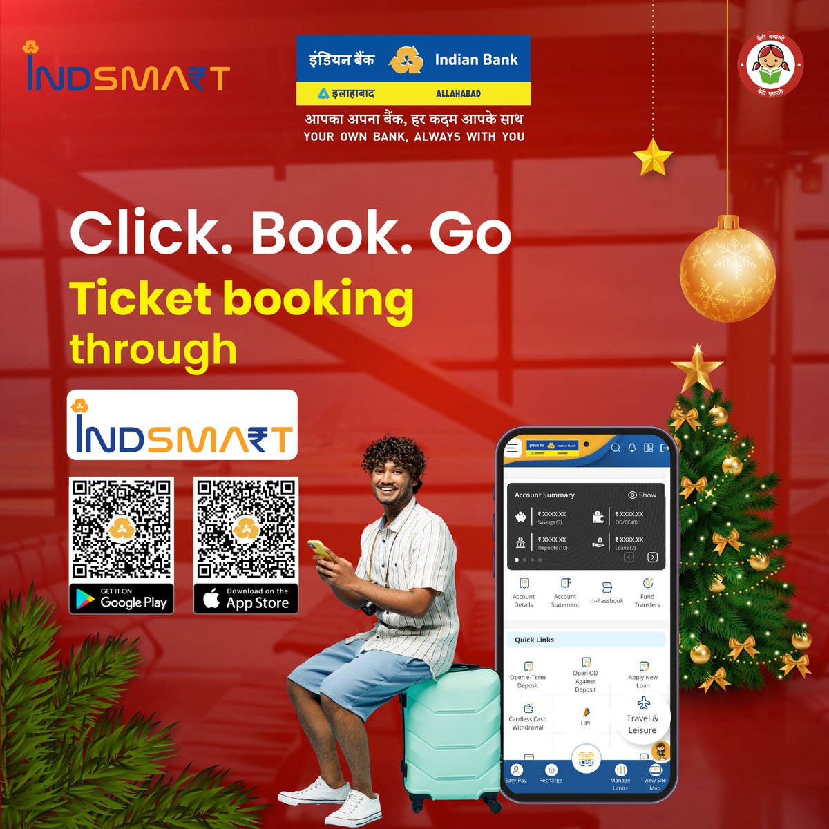 MyIndianBank's tweet photo. Booking your next trip has never been easier. With IndSMART, a few clicks are all it takes to secure your ticket. Travel smart and hassle-free, wherever you're headed!
Android - https://t.co/a7K6rxTOZn
iOS - https://t.co/rZQMCYQNzt
#IndianBank #IndSMART #BeSmartBankSmart https://t.co/auIxs9iojv