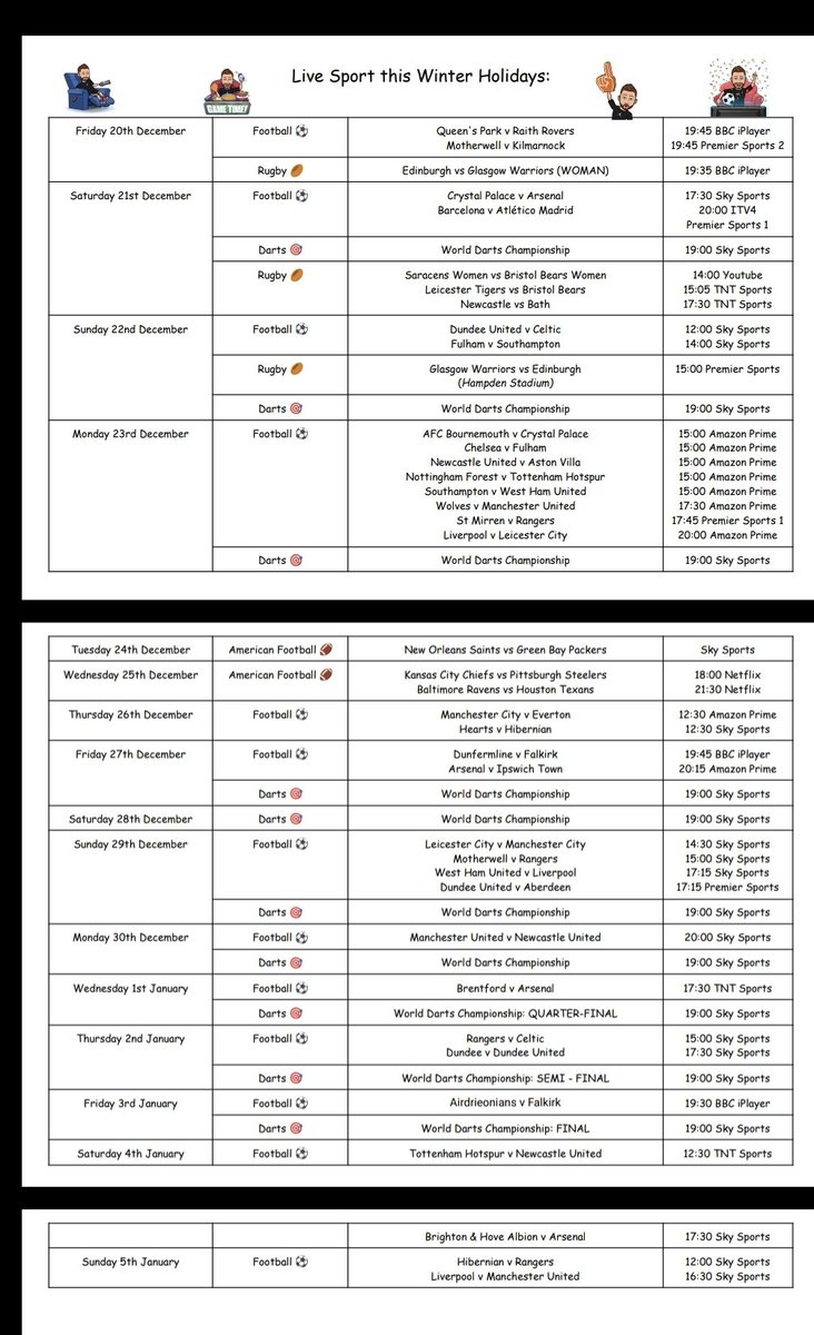 🔊 - I always get my Highers / Nationals to fill in a little questionnaire on some live sport as the more analytical they are on Live sport, i feel, they get better at writing answers on the Factors 👍 

Here is just some of the televised Live sport over the holidays 🎄