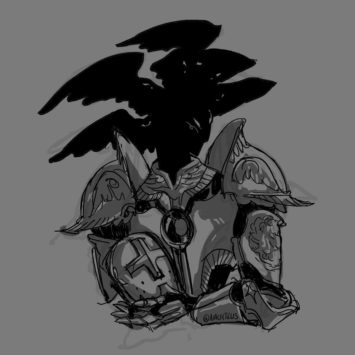 Nachtilus's tweet image. Wee armor hc helmless Gabe sketch.
