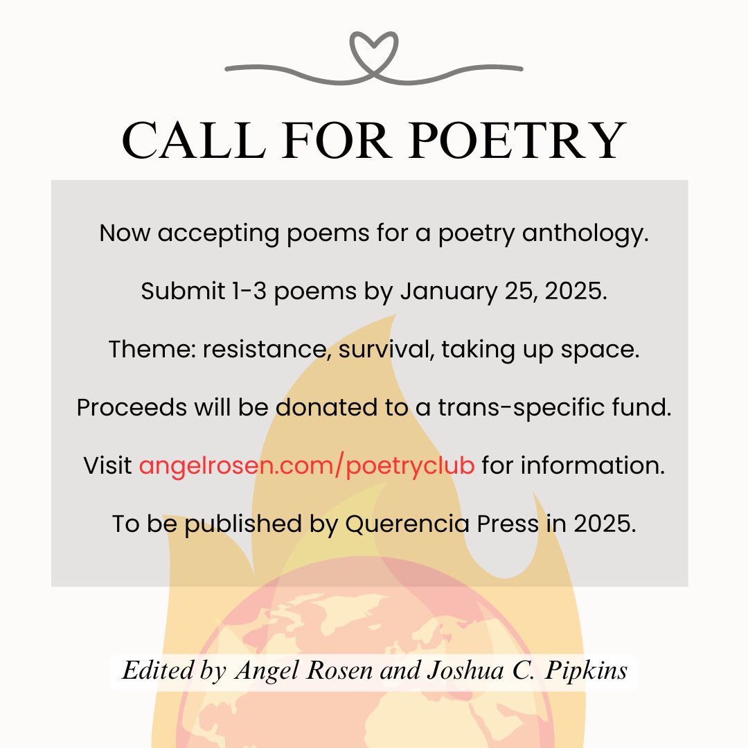 Joshua C. Pipkins ♠️💜 (@pipkinsjoshua) on Twitter photo <a href="/Axiopoeticus/">Angel Rosen</a> and I have begun work on an anthology to be released in early 2025 focused on theme of resistance! This is very flexible! We want your screams that you are here no matter who likes it or not, or your more quiet wills to live.
Submit: docs.google.com/forms/d/e/1FAI… <a href="/Axiopoeticus/">Angel Rosen</a> and I have begun work on an anthology to be released in early 2025 focused on theme of resistance! This is very flexible! We want your screams that you are here no matter who likes it or not, or your more quiet wills to live.
Submit: docs.google.com/forms/d/e/1FAI…